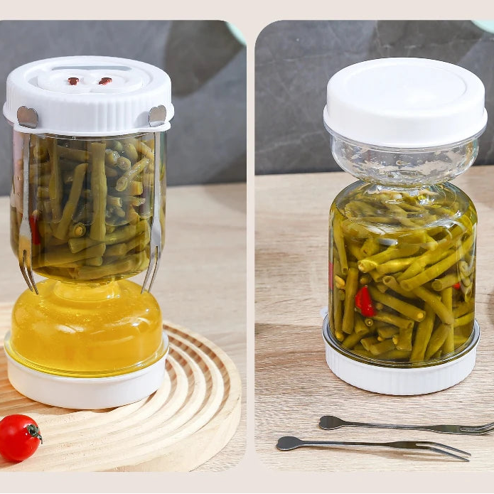 Vasetto per sottaceti con colino e forchetta – Contenitore per alimenti capovolgi e scola